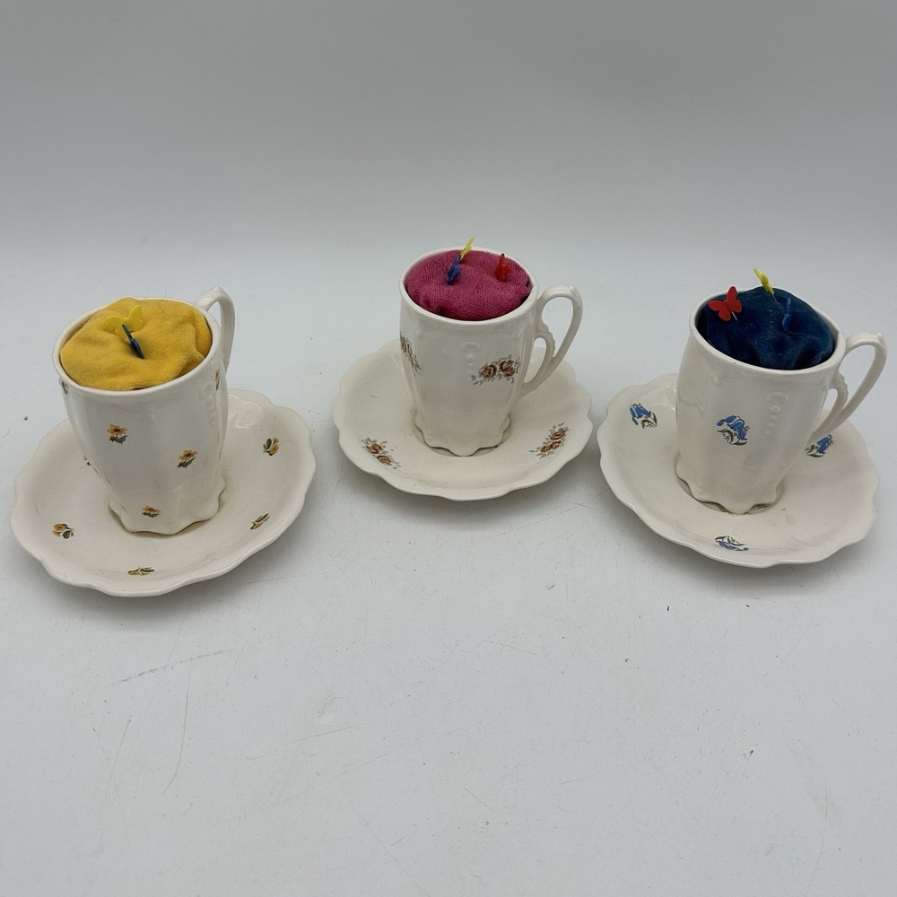 Vintage Lot Of 3 Tea Cup W/Saucer Pin Cushions Yellow, Orange & Blue Florals